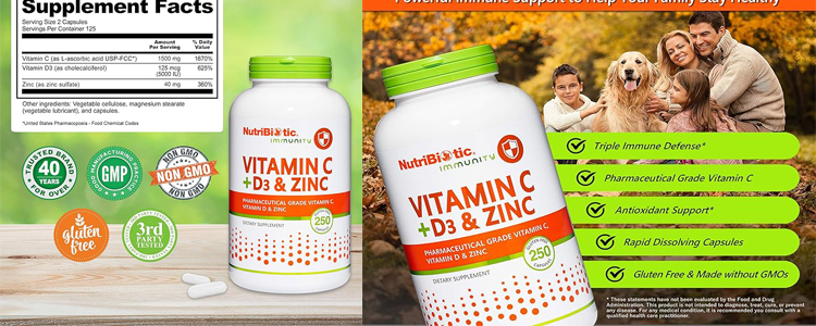مکمل ویتامین C به همراه ویتامین D3 و زینک از برند NutriBiotic
